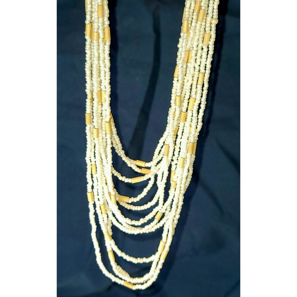 Waterfall Necklace 16" White and Tan Glass Micro Bead 12 Strand Jewelry CT223